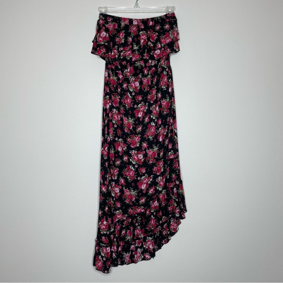 Rue21 Dresses & Skirts - Rue21 Strapless Dress Red Floral Pattern Ruffled Top Edge and Asymmetric Hem
